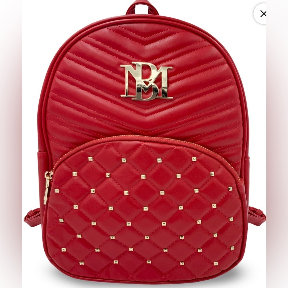 NEW! Badgley Mischka Red Diamond Quilted Gold Studded Vegan Leather Backpack NWT